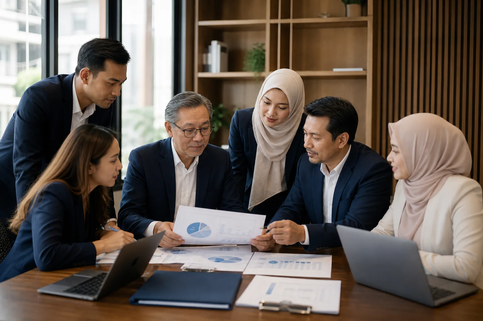 Malaysian advisory team collaborating over financial reports